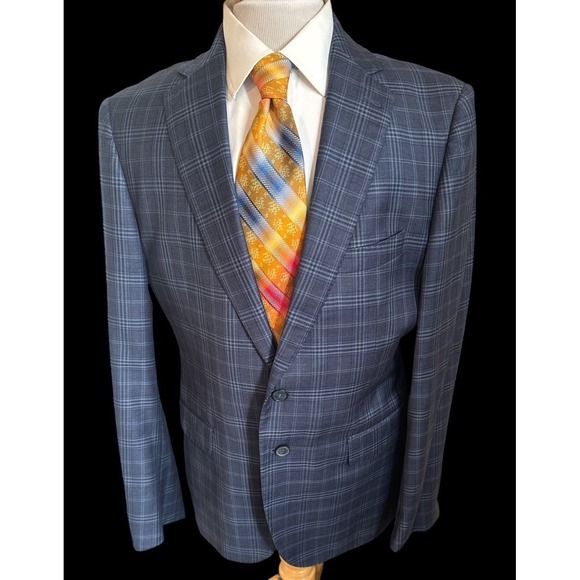 J. Hilburn Bespoke 100% Wool Blazer Blue Plaid Sz Sport Coat Jacket 40R Slim Fit
